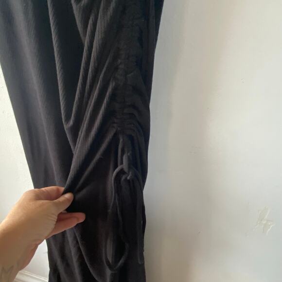 Rachel Zoe Black Midi Dress L Ribbed Knit Ruched Side Sleeveless Bodycon Stretch - Picture 6 of 8